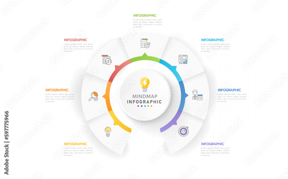 Infographic template for business. 7 Steps Modern Mindmap diagram with topics, presentation vector infographic. Infographic template for business. 7 Steps Modern Mindmap diagram with topics, presentation vector infographic.