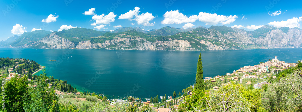 panoramic view on Lake Garda over Malcesine town in Italy
