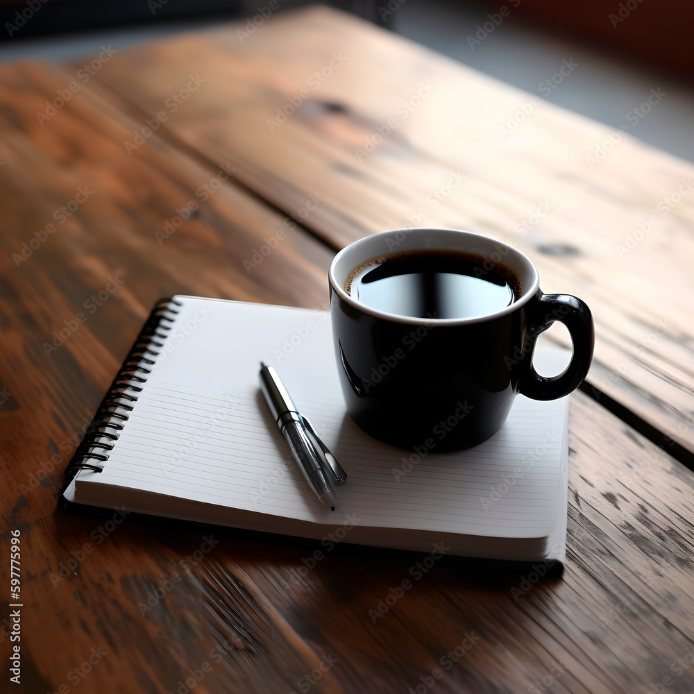 Blank office Notebook or Planner on desk with black pencil top view with copy space created with Generative AI technology. Blank office Notebook or Planner on desk with black pencil top view with copy space created with Generative AI technology.