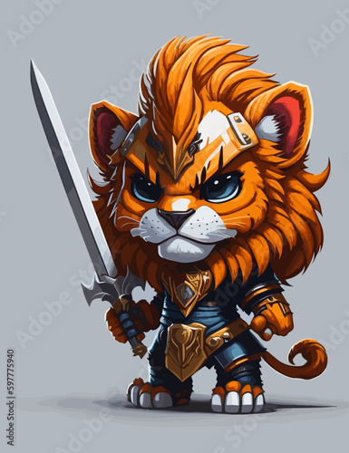cute evil warrior lion with a sword cartoon sticker.