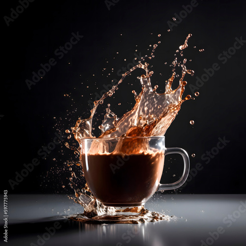 Coffee splash on dark black background created with Generative AI technology.