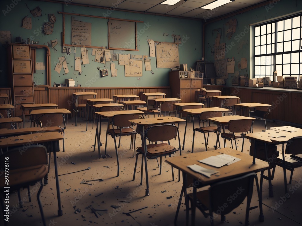 A classroom with empty desks and chairs