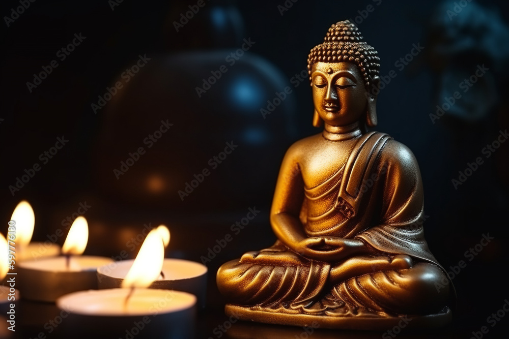 Buddha statue with Candle light, Buddha purnima Vesak day background, Generative AI