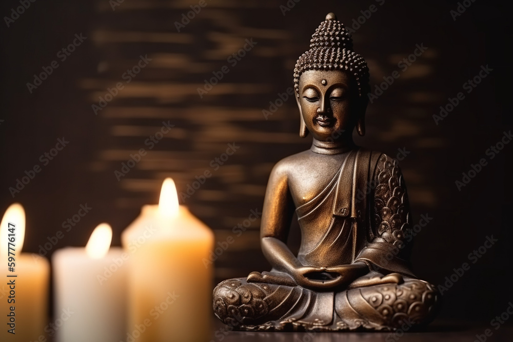 Fototapeta premium Buddha statue with Candle light, Buddha purnima Vesak day background, Generative AI