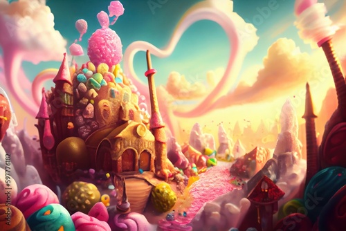 Fantasy village, kingdom or town made of sweets, ice-cream, marshmallow, cookies, candies, lollypops, cakes, cupcakes, street view. Colorful sweet world with houses and buildings.