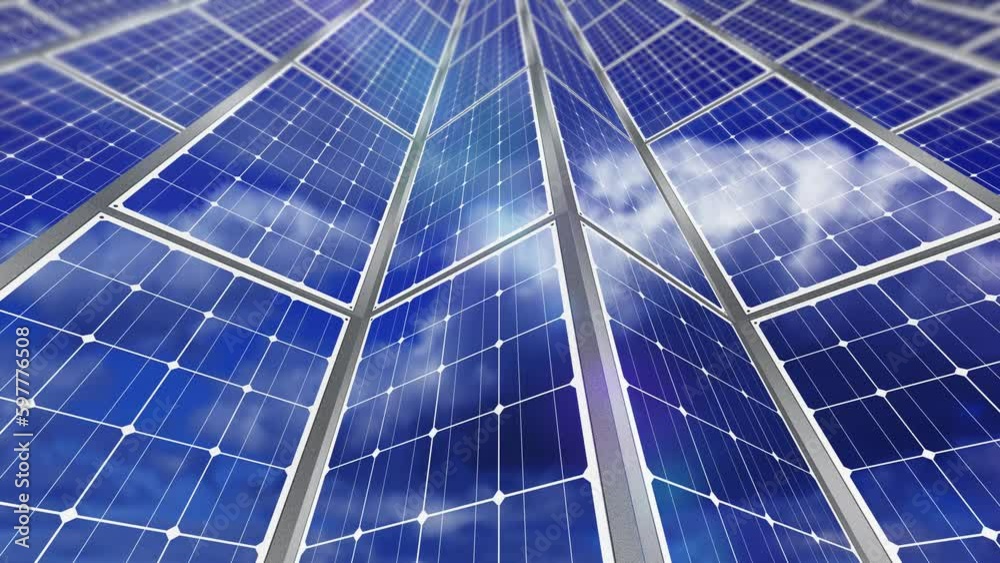 Solar panels with reflection of sky at station on sunny day Solar panels with reflection of sky at station on sunny day