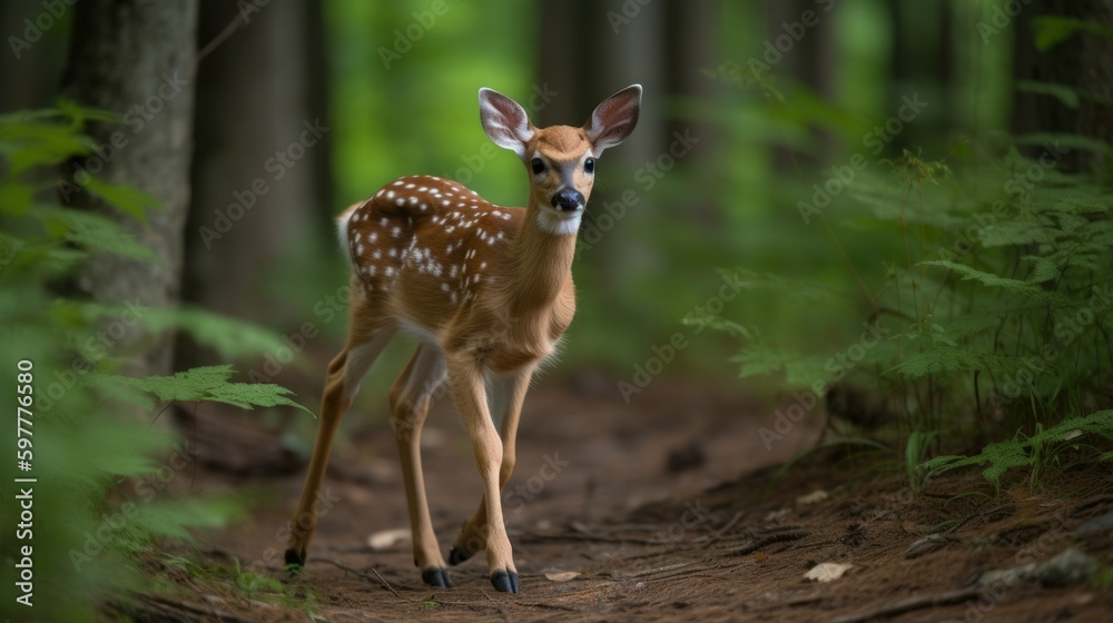Adorable young curious deer in the forest. Generative AI illustration. Adorable young curious deer in the forest. Generative AI illustration.