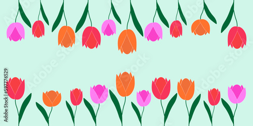 colorful blooming tulips on a light background. Cover of the site, children's book. Decorative textiles