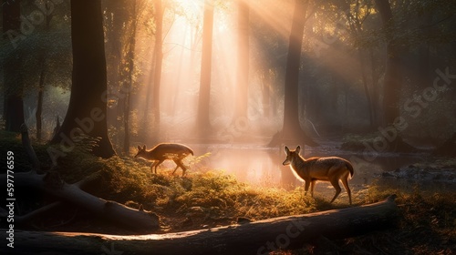 Fotografiet Wild life illustration of an innocent deer eating and drinking and a curious fox peeking in a forest