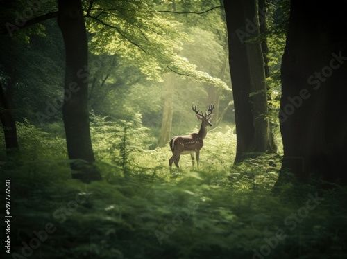 Illustration of a majestic deer in the woods. Generative AI.