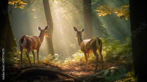 Beautiful illustration of two deers in the forest. Generative AI.