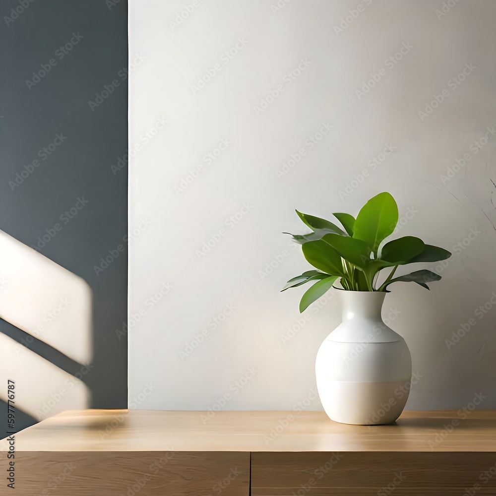custom made wallpaper toronto digitala cutting edge white vase with green plant, wooden plate on stone counter table with space in daylight, leaf shadow on beige stucco cement divider for insides plan beautification, item show foundation