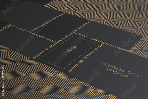 Business card mock up template. Abstract art deco design in black and gold features geometric triangles, mosaic pattern. Identity card showcase, luxury style. Perfect mockup for corporate branding
