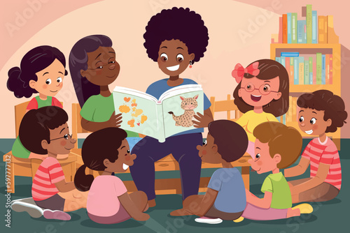 A cartoon vector illustration showing a teacher reading an educational book to a group of young children in a preschool classroom. The concept is focused on teaching children and preschool education.