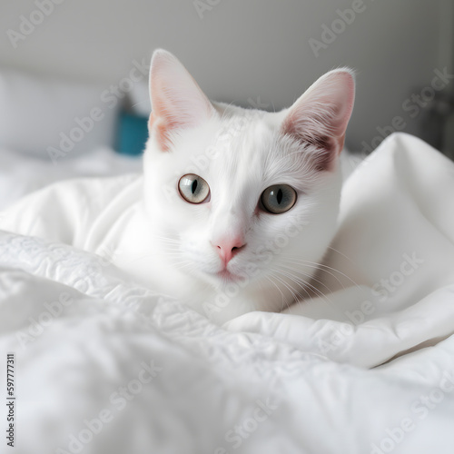 Adorable little gray cat peeks out from under the covers. Funny grey cat hides under white blanket created with Generative AI technology.