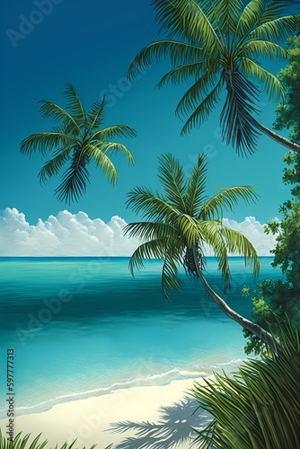 Tranquil blue sea with clear skies and palm trees © Luca