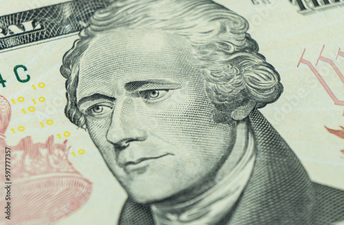 Canvastavla Macro shot Portrait of Alexander Hamilton on the one ten dollar bill
