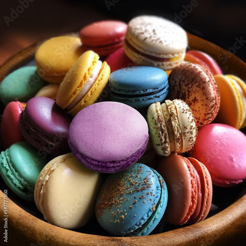 Multicolored macaroons in wooden bowl on black background.