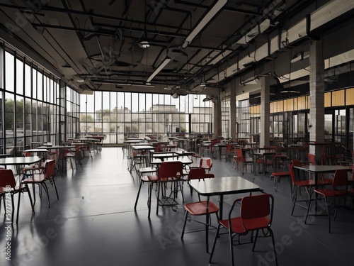 A cafeteria with empty tables and chairs