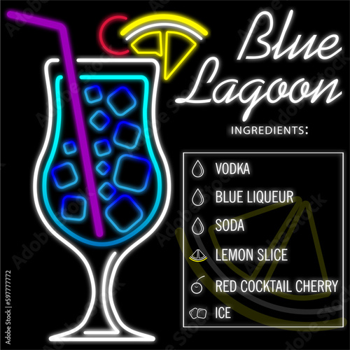 Cocktail Blue Lagoon. neon cocktail. Cocktail ingredients Blue Lagoon. Vodka, Blue Liqueur, Soda, Lemon Slice, Red Cocktail Cherry, Ice.
