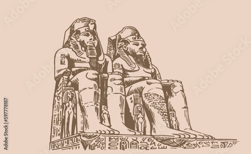 Abu Simbel,graphical vector illustration of two massive rock-cut temples. The statue of Ramses the Great at the Great Temple of Abu Simbel on sepia background. Sightseeing of Egypt