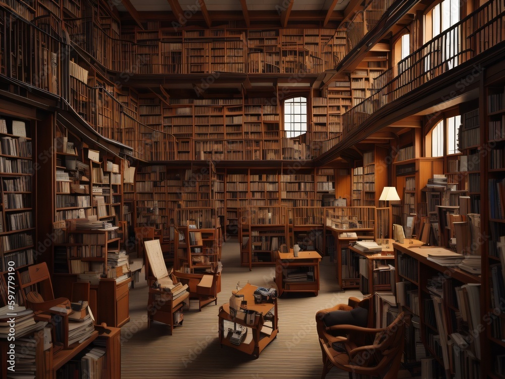 A library with shelves of books and reading areas A library with shelves of books and reading areas