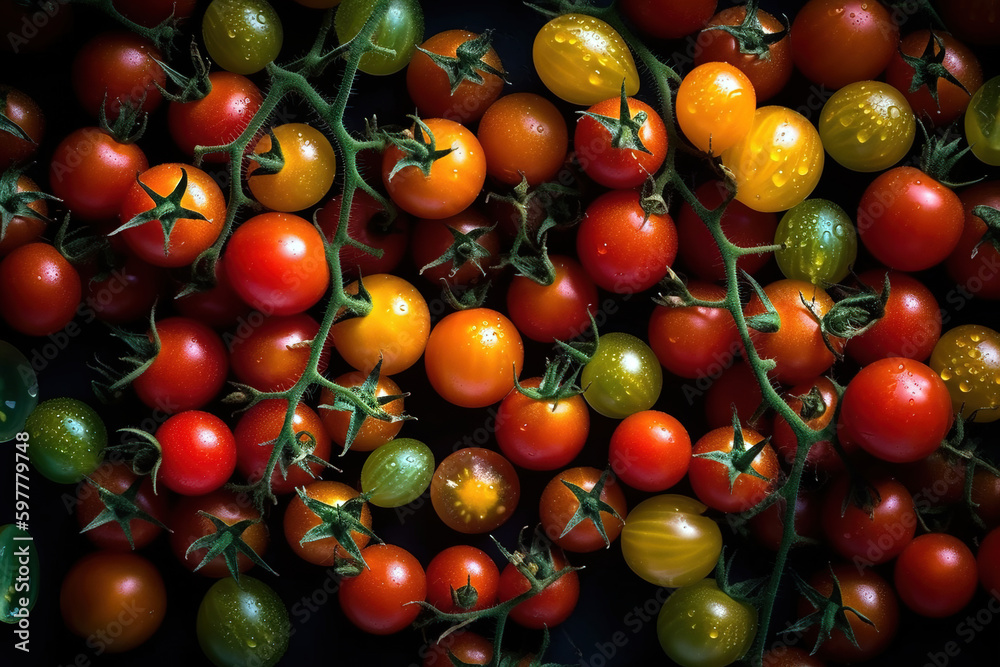 Fresh cherry tomatoes background flat lay. Digitally generated ai image Fresh cherry tomatoes background flat lay. Digitally generated ai image