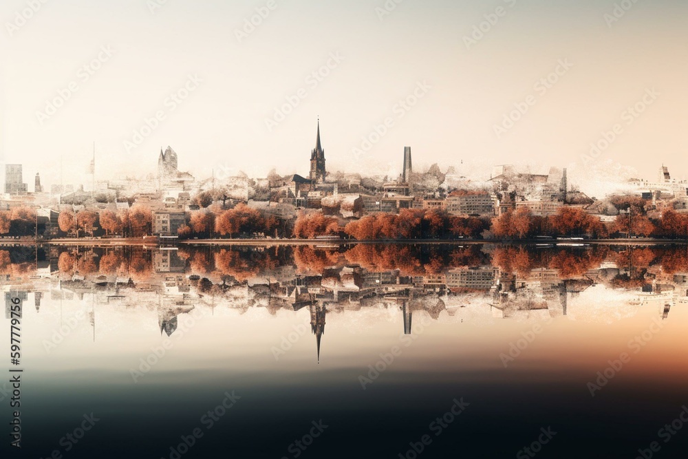 Abstract skyline of Mannheim with transparent layers and gradient landmarks. Generative AI