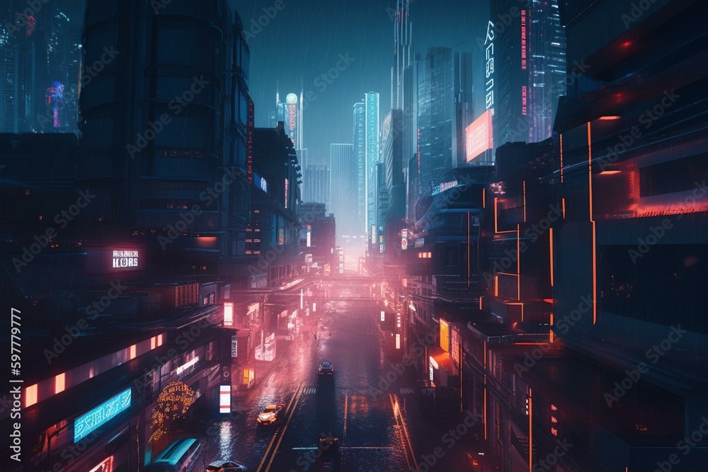 Sci-fi cityscape with cyberpunk vibes for social media use. Generative AI