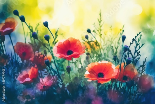 poppies in the field, watercolor-ai