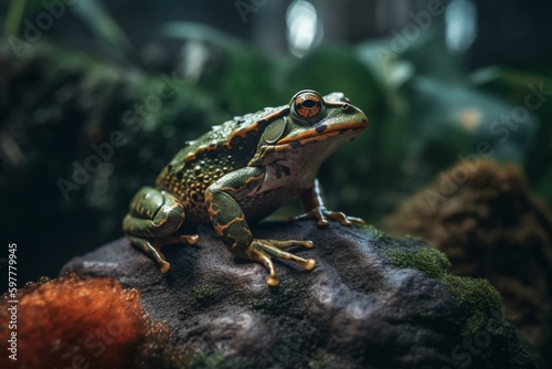 Exotic tropical frog on a rock by a pond in the equatorial forest. Generative AI