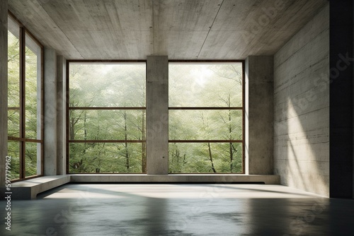 3D depiction of vacant concrete room; big window on natural backdrop; room for showcasing product. Generative AI