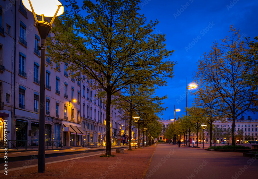 Lyon city street landscape with safety lamps lighted at dusk in France