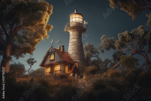 A painting of a tree with a house & lighthouse, topped with a lantern. Generative AI