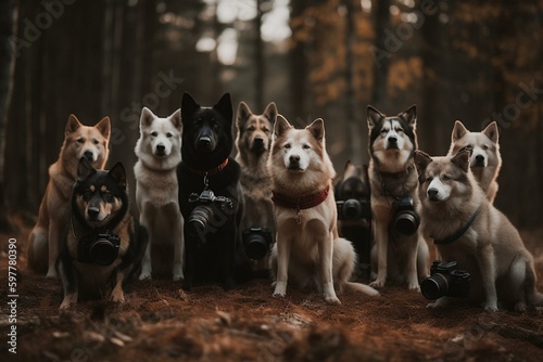 Photo of a pack of canines taking their own picture. Generative AI