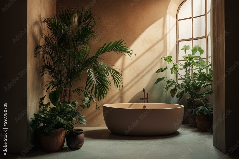 Minimal Mediterranean bathroom with earthy tones, bathtub, and palm plant. Generative AI