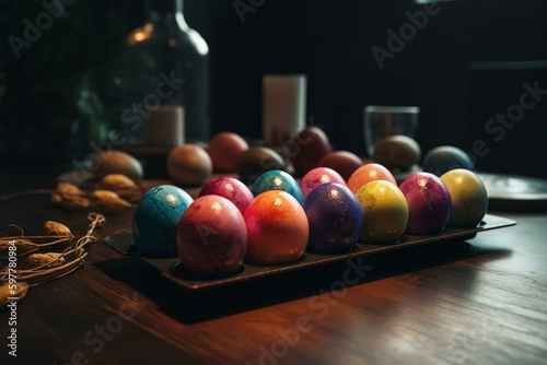 Colorful Easter eggs arranged on a table. Generative AI