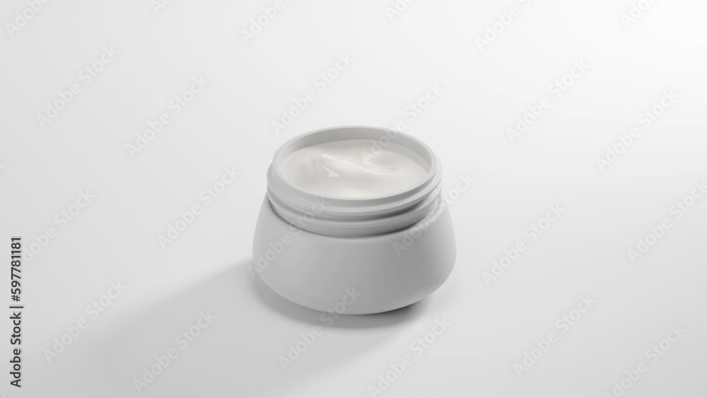 Glossy cosmetic jar with cream opens on grey background. Cap flies away. Women's cosmetics skincare. Beauty product. Realistic 3d animation. Glossy cosmetic jar with cream opens on grey background. Cap flies away. Women's cosmetics skincare. Beauty product. Realistic 3d animation.