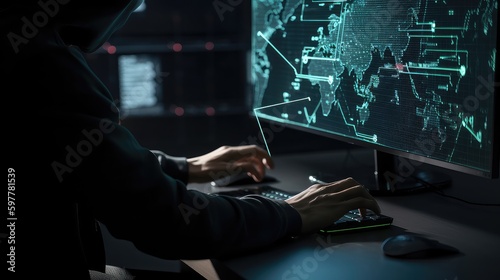 people working in virtual environments for cyber security, neon colors security screen, overlooking the app, protection of private information and data concept. Firewall from hacker attack
