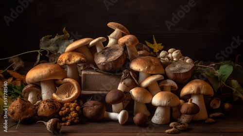 Variety of uncooked wild forest mushrooms yellow boletus, birch mushrooms, russules over dark textured background. Rustic style, natural day light. Top view, food background, generative ai