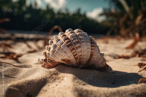 A seashell lying on a sandy tropical beach. Generative AI © Balthazar