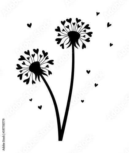 Heart dandelion. Hand drawn vector illustration. Isolated objects on white background.