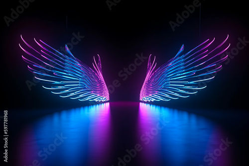 Neon angel wings on black background. Generative AI