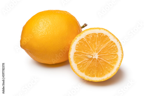 Whole and halved fresh Meyer lemon close up isolated  on white background