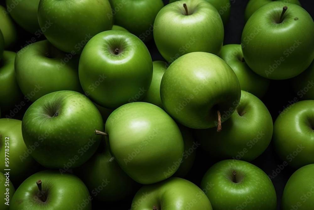 Fresh green apples background flat lay. Digitally generated ai image Fresh green apples background flat lay. Digitally generated ai image