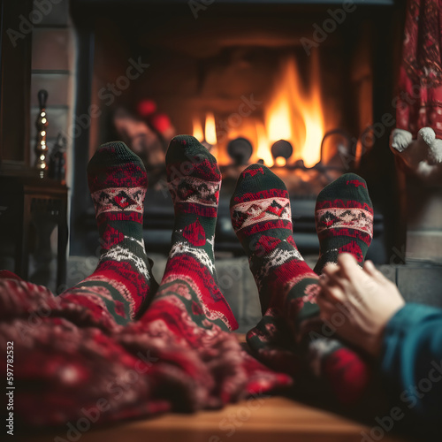 Feet in woollen socks by the Christmas fireplace. Couple sitting under the blanket, relaxes by warm fire and warming up their feet in woollen socks created with Generative AI technology.