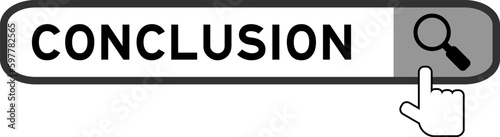 Search banner in word conclusion with hand over magnifier icon on white background