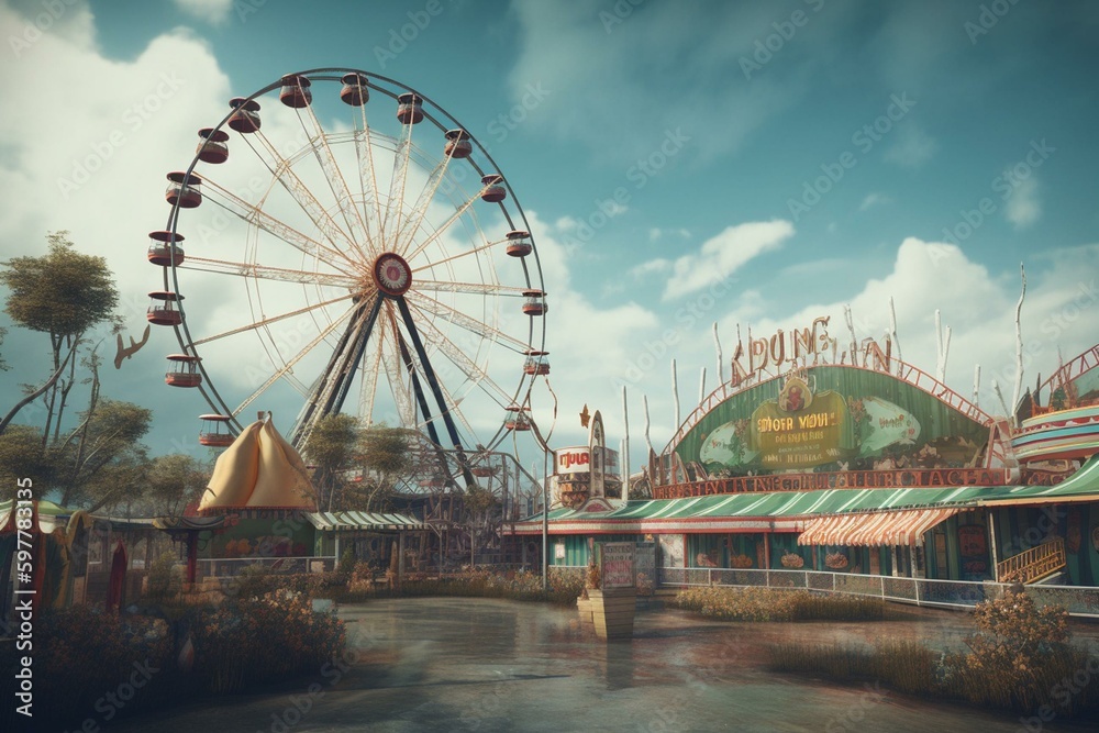 Vintage amusement park with Ferris wheel under cloudy skies. Rendered 3D illustration. Generative AI