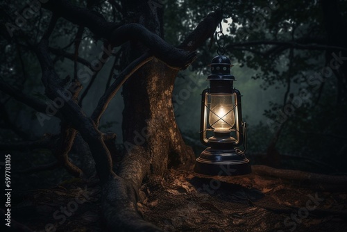 A tree in the woods illuminated by a hanging lantern and a lantern on the ground, surrounded by darkness. Generative AI