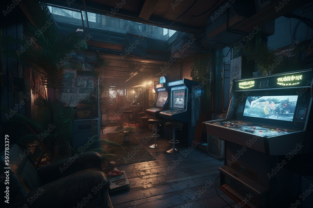 Illustration of a cyberpunk-style arcade room in futuristic apartment. Generative AI